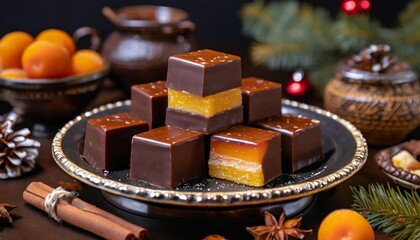 Collection of photos of Dominosteine cookies, layered Lebkuchen with apricot and cherry jelly, marzipan, dark chocolate coating, festive Christmas sweets, cozy holiday baking, gourmet European treats.