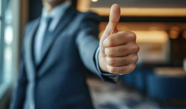 Businessman wearing suit giving thumbs up gesture with office background close up of hand with thumb up in modern business center
