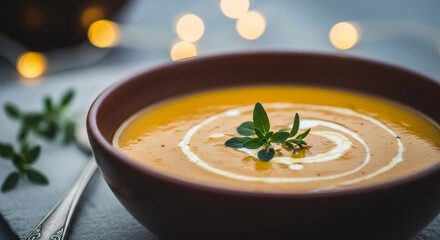 Creamy orange pumpkin soup in a bowl with herb garnish. Warm flavorful meal for autumn and Christmas celebration. Healthy vegetable dish.