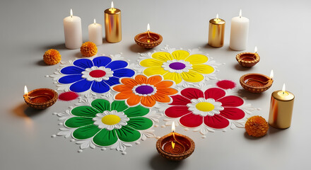 Vibrant Diwali Rangoli Design with Diyas and Candles for Celebration