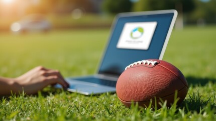 Online football coaching session using laptop on a grassy field with a football in the foreground during a sunny day 

