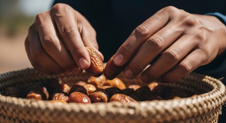 Man holding two dates over a basket filled with fresh dates. Sweet fruit harvest for healthy eating and Ramadan celebration.