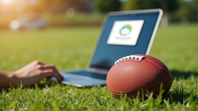 Online football coaching session using laptop on a grassy field with a football in the foreground during a sunny day 
