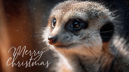 Close-up portrait of a meerkat with a Christmas greeting festive animal photography for holiday cards and seasonal promotions