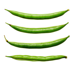 Png of four fresh green beans arranged on a transparent background, showcasing their vibrant color isolated on transparent background