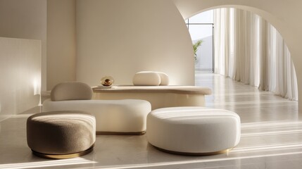 Soft sunlight filters through large windows illuminating a cozy lounge with stylish furniture.