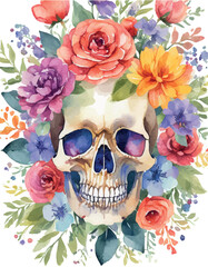White skull in a wreath of flowers, roses, peonies, watercolor work.
