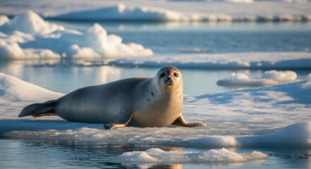 Harp seal pup, resting on a floating ice floe in arctic water. Global warming and climate crisis concept. Wildlife preservation.