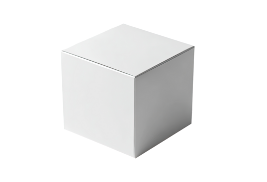 A single, solid, white cube.  Simple geometric shape, smooth, uniform surface.  Perfect, symmetrical form against a black background - Powered by Adobe