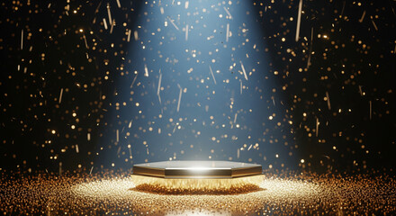 Spotlight illuminates a stage with golden particles, perfect for product placement. A bright spotlight shines on an empty stage, creating a dramatic effect with sparkling particles