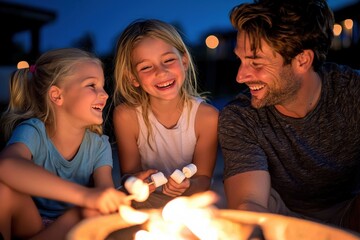 A family gathered around a bonfire, roasting marshmallows and sharing laughter under a starlit sky
