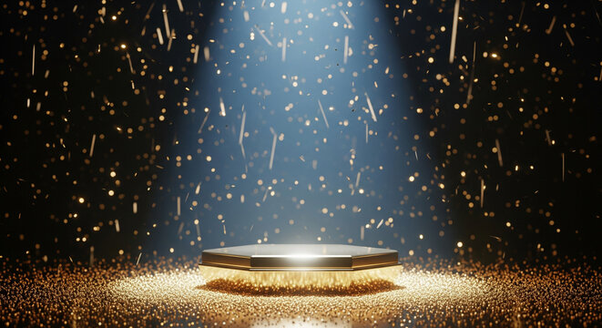 Spotlight illuminates a stage with golden particles, perfect for product placement. A bright spotlight shines on an empty stage, creating a dramatic effect with sparkling particles