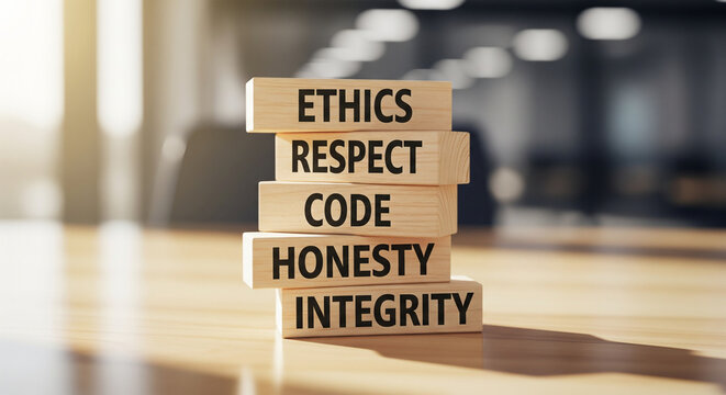 Ethical business practices and core values concept with wooden blocks. This image represents the importance of ethics, respect, and integrity in the workplace