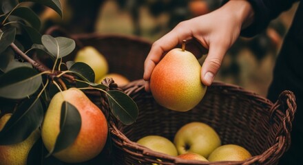 Man picking fresh pear from basket. Harvest season concept. Healthy organic produce for farmers market or grocery store.