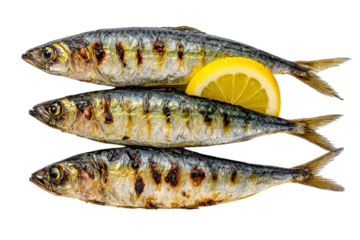 Grilled Sardines with Lemon: A culinary masterpiece featuring three succulent grilled sardines artfully arranged with a vibrant lemon wedge, evoking a sense of Mediterranean delight.