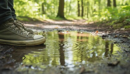 Close-up of sneakers touching a puddle on a forest trail. Person walking in the woods with water ripples and reflections. Outdoor adventure and nature exploration