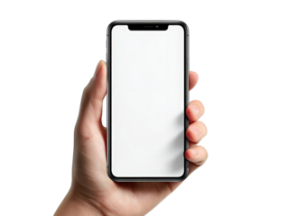 Hand Holding Smartphone: A close-up shot of a hand gracefully holding a modern smartphone, showcasing its sleek design and blank screen