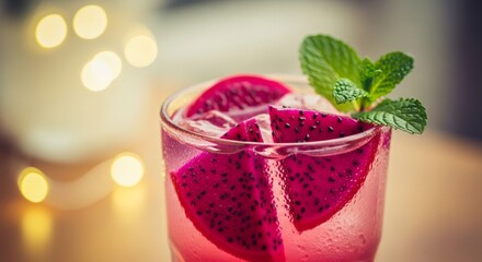 pink dragon fruit drink with mint and ice. refreshing tropical beverage for summer, menu, or cocktail advertisement. festive drink