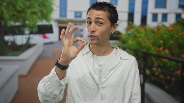 Young man in white shirt making an okay gesture outdoors in a garden setting, expressing affirmation and confidence with a background of bright flowers and modern architecture.