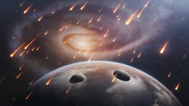 Fiery meteor shower streaks across a planet's surface with a distant spiral galaxy in the background