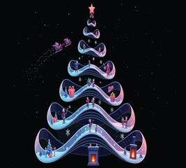 A whimsical christmas tree made of ribbon with people, gifts, and a fireplace, set against a dark blue background with santas sleigh in the sky