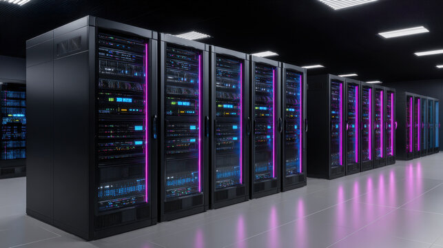 High tech data center server racks with neon purple lighting, reflective floor, cool blue status lights, organized cabinets in dark modern interior conveying futuristic efficiency and calm