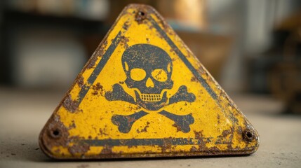 A yellow caution sign featuring a skull and crossbones sits on a dusty surface in an industrial environment, alerting to potential hazards present in the area.