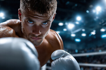 Boxer with gloves focused before fight