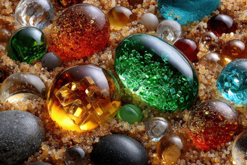 Colorful glass orbs and beads resting on fine sand create an intricate display of textures