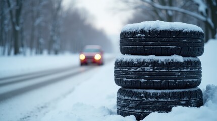 Winter tires stacked on a snowy road with a blurred car driving in the background during a cold winter day 
