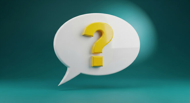 Yellow question mark inside a white speech bubble on a turquoise surface, concept representing inquiry, uncertainty, or seeking information, help