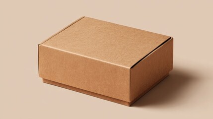 A plain brown cardboard box is placed on a light beige background. Its smooth texture and neutral color create a minimalist and tidy appearance, suitable for various uses.