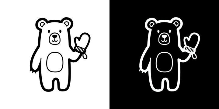 Cartoon bear holding a mitten in black and white design, isolated vector image, two versions on transparent and black backgrounds, pencil drawing, chalk drawing
  