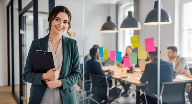 Agile project manager role promotion with confident coordinator beside team workshop for talent acquisition ads or SaaS project management platform content and corporate training materials