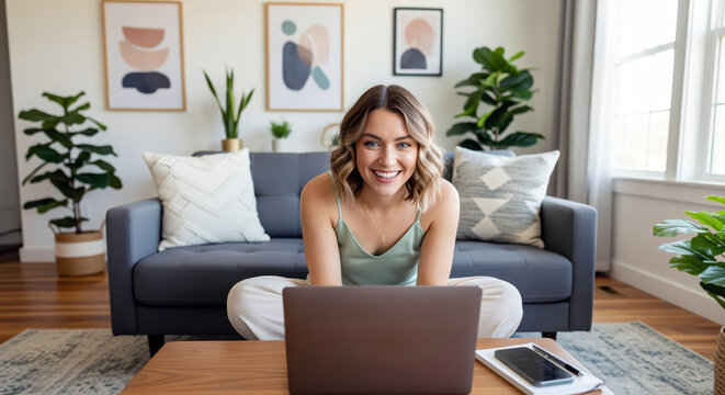 Home based video session host engaging audience on laptop about community membership programs and remote engagement for subscription based small businesses supporting coaching or consulting work