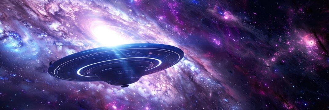 World Ufo Day, A futuristic spaceship hovers in a colorful galaxy filled with stars and nebulae. vibrant purple and blue cosmic. horizontal banner, copy space, free space for text