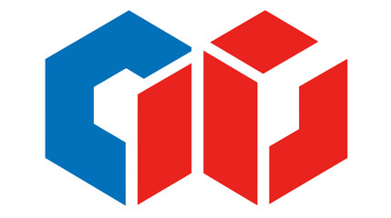 A modern abstract symbol with blue and red geometric shapes on a white background