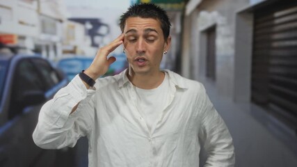 Young man in white shirt stands on an urban street with eyes closed and slight frown, appearing thoughtful or puzzled in the bustling city environment.