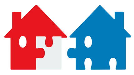 Two vibrant house-shaped puzzle pieces, one red, one blue, poised to connect
