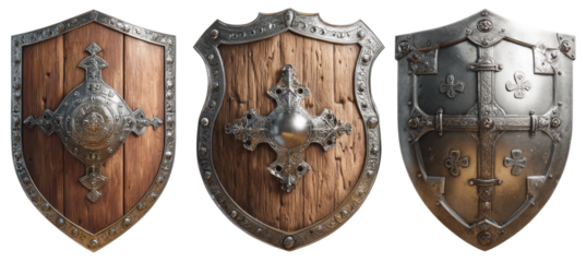 Three medieval shields, featuring wooden and metal designs