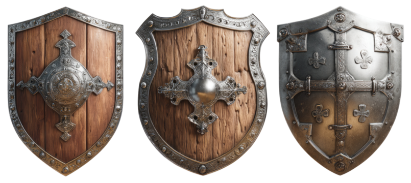 Three medieval shields, featuring wooden and metal designs