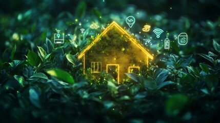 Glowing house in forest with greenery around, modern energy efficiency construction