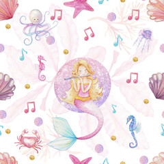Watercolor seamless pattern with mermaid girl and pastel sea elements