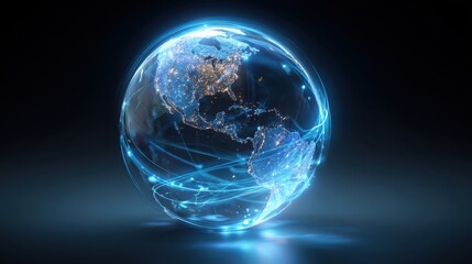 Fototapeta premium The image displays a glowing globe highlighting the Americas, illuminated by city lights and interconnected lines representing digital communication.