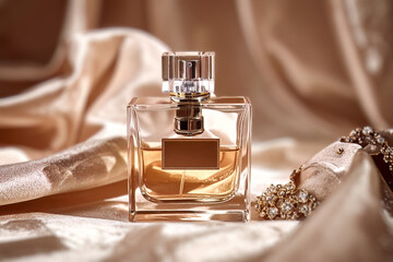 The perfume bottle with a clean cosmetic design suitable for fragrance promotion and beauty product presentation.