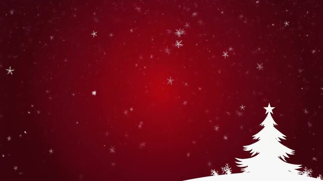 fondo de color rojo intenso y profundo, que evoca una noche invernal o un cielo estrellado. En un tercio, o de manera prominente, se distingue la silueta de un abeto navide&ntilde;o. 
