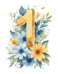 Watercolor numbers decorated with summer flowers on white isolated background. Birthday. Romantic elements for the holiday
