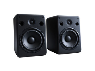 Obraz premium Two black, rectangular speakers. Close-up, studio view