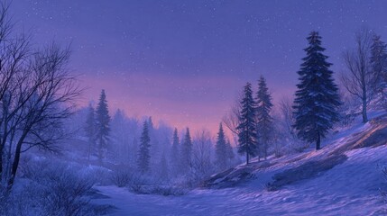 A serene winter landscape features tall evergreen trees blanketed in snow under a twilight sky. Stars twinkle above as the last light fades into a beautiful purple hue.