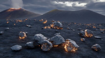 Glowing Ember Filled Rocks Scattered Across a Dark Volcanic Plain Under Stormy Skies Near Erupting Crater